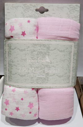 2Pc Set Cotton Muslin Baby Blanket - Pink Stars