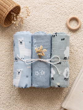 3-Pack Silky-Soft Cotton Muslin Swaddles - Sheep & Llamas