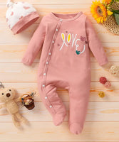 Long-sleeve Footed Romper With Hat - Love Heart