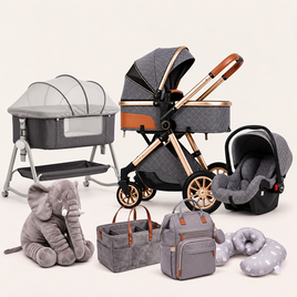 A baby travel system set in gray and rose gold, including a bassinet, stroller, car seat, diaper bag, storage basket, and plush elephant toy, arranged on a light beige background.