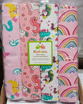 4 Pcs Cotton Baby Receiving Blanket - Unicorn & Rainbows