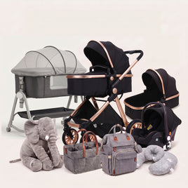 A baby travel system set displayed on a clean off-white background, including a bassinet, stroller, car seat, bassinet cover, diaper bag, neck pillow, and a gray elephant plush toy.