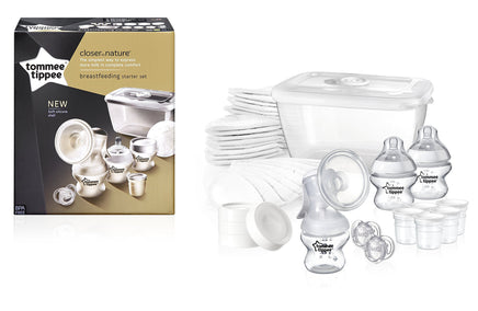 Tommee Tippee Closer to Nature Breastfeeding Starter Kit 1 x Manual Breast Pump 1 x Sterilizer Box 56 x Breast Pads, 3 x 150ml Bottle, 4 x Milk Storage Lids, 5 x Milk Storage Pots 2 x 0-6m Soother